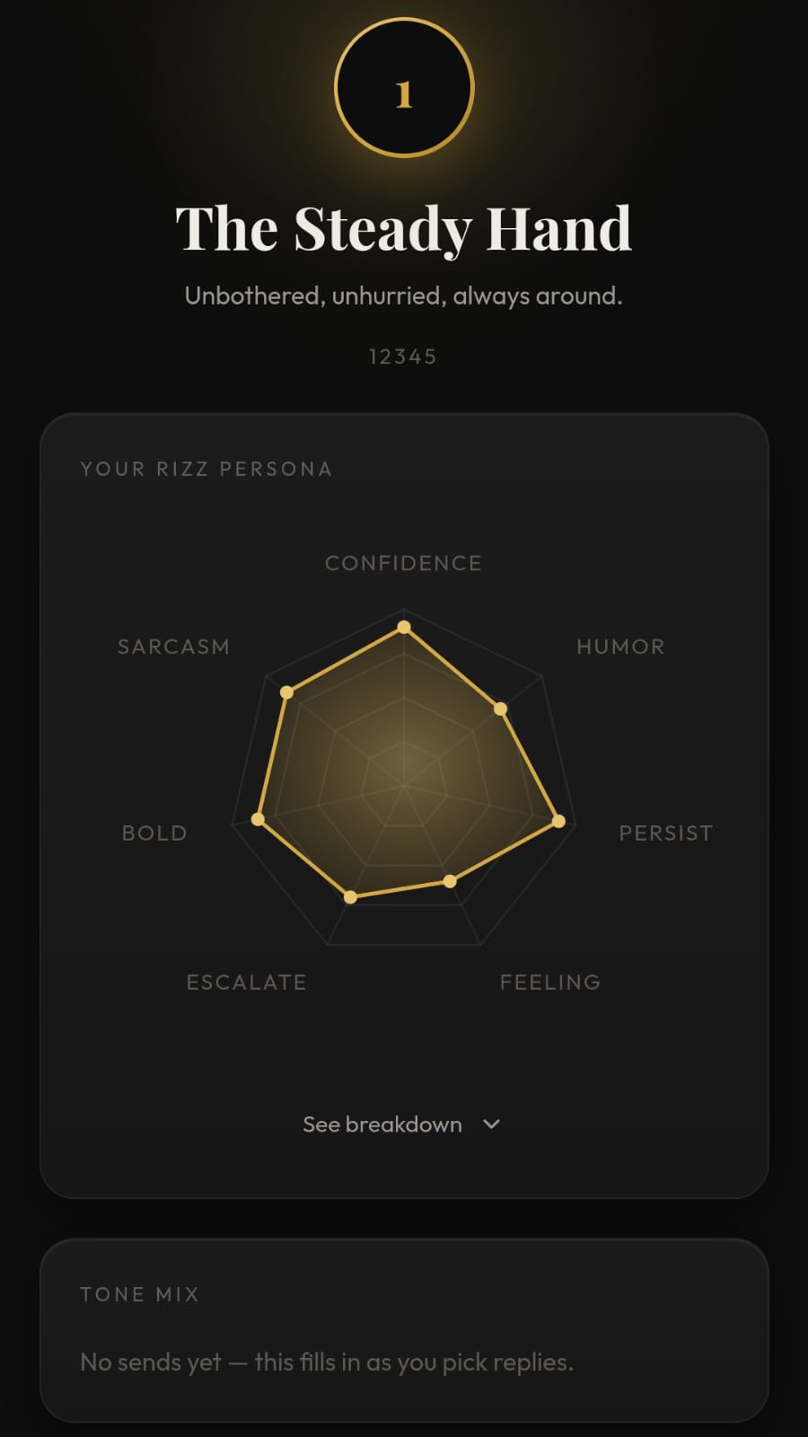 The Rizzing app showing a Rizz Persona breakdown